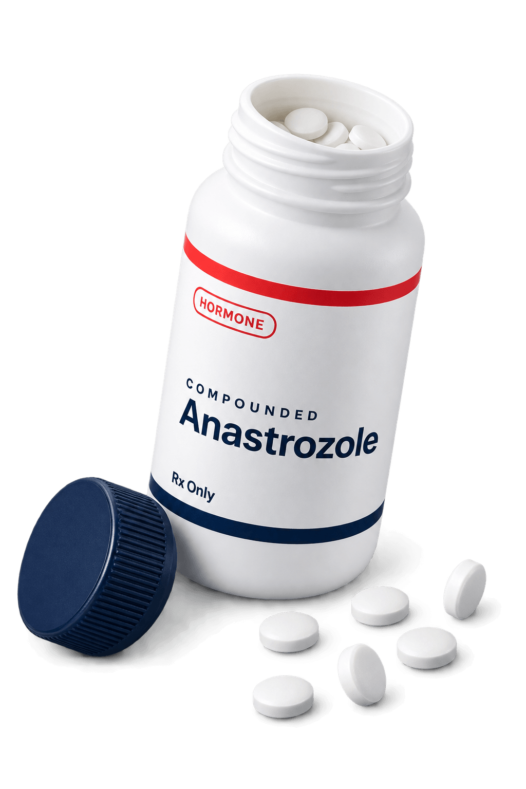 An open bottle of compounded anastrozole tablets with a navy cap