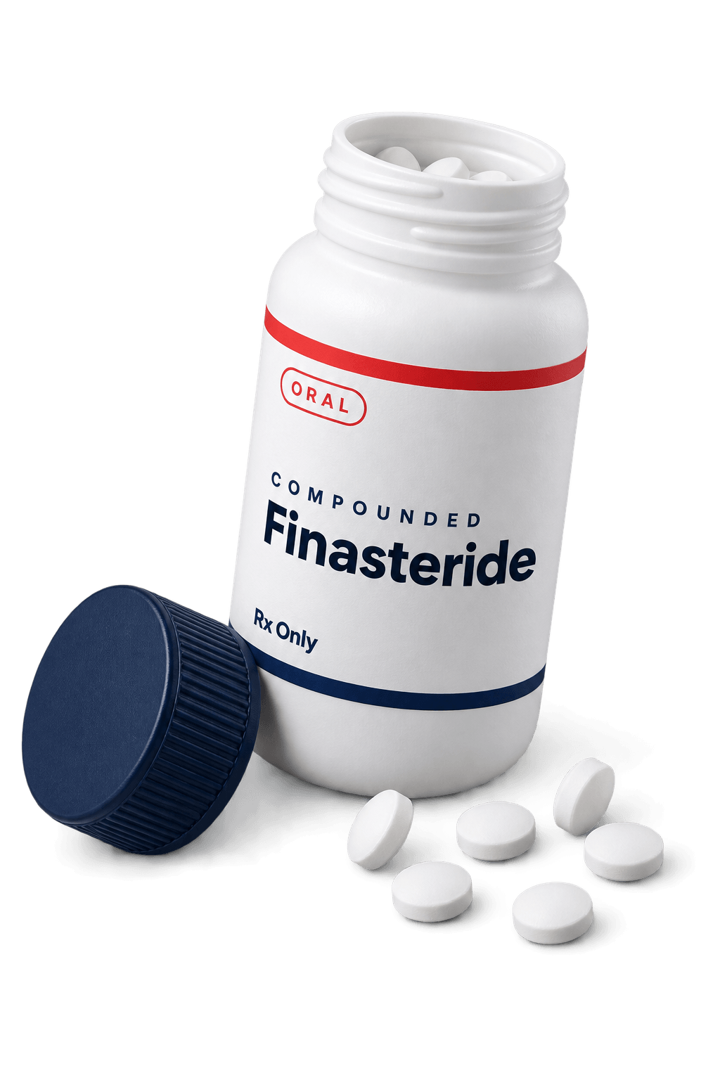An open bottle of compounded finasteride tablets with a navy cap