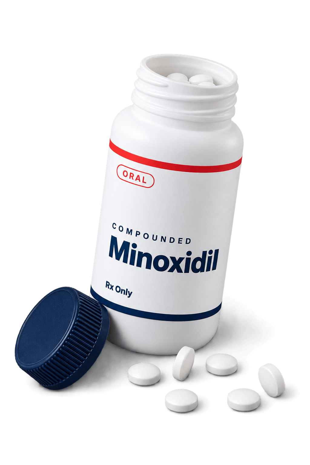 An open bottle of compounded minoxidil tablets with a navy cap