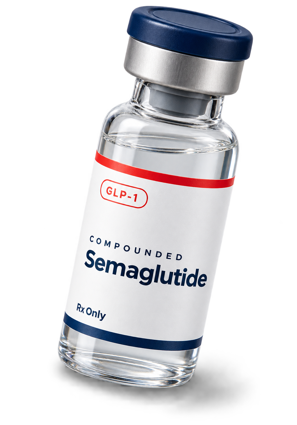 A vial of compounded semaglutide with a navy cap and GLP-1 label