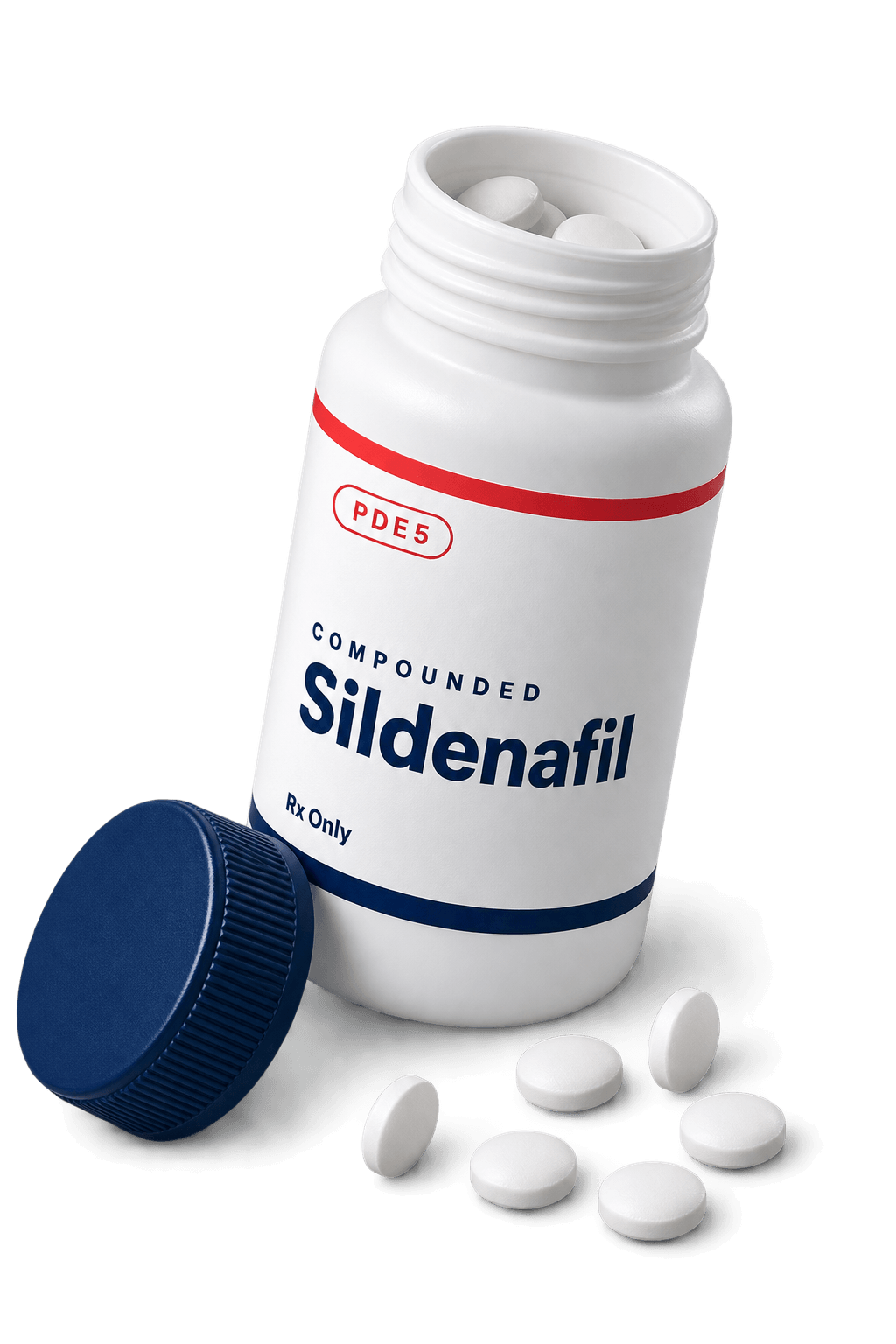 An open bottle of sildenafil tablets with a navy cap and PDE5 label