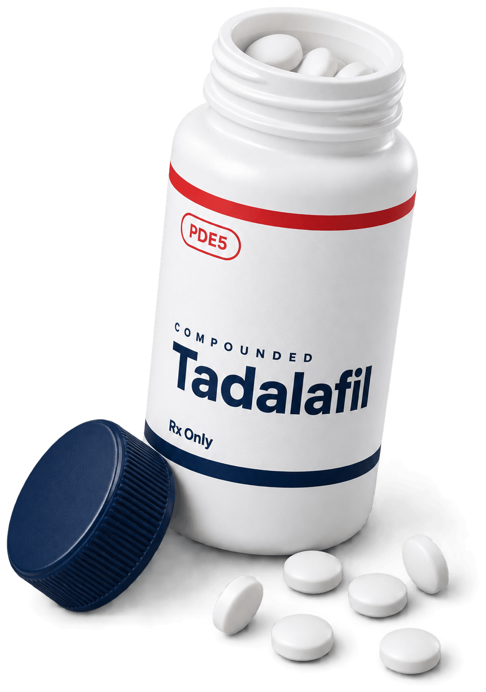 An open bottle of tadalafil tablets with a navy cap