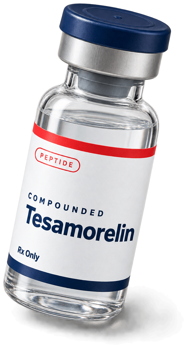 A vial of compounded tesamorelin with a navy cap