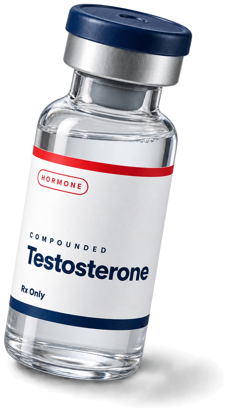 A vial of compounded testosterone with a navy cap