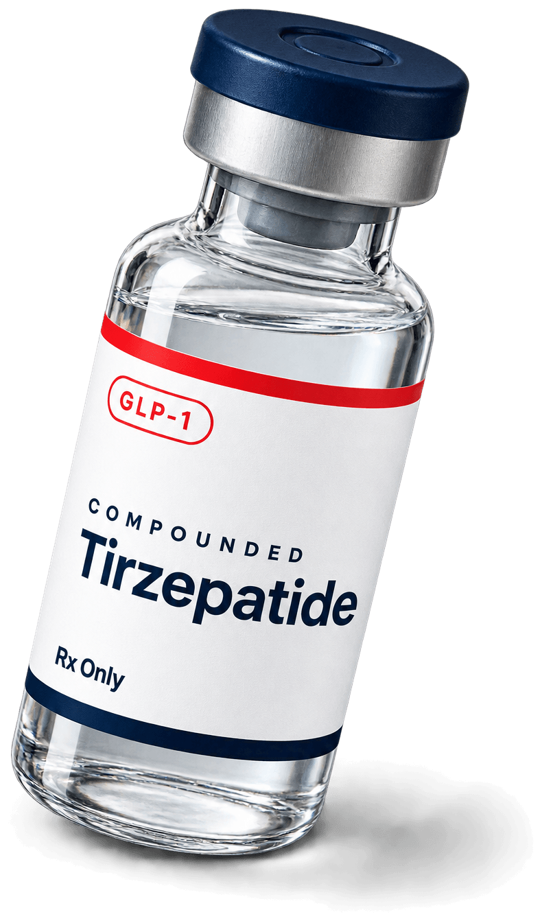 A vial of compounded tirzepatide with a navy cap